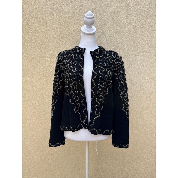 Vintage black and beige knitted sweater cardigan with cord embroidery